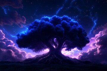 Wall Mural - Majestic Tree Illuminated by Blue and Purple Lightning Under Starry Night Sky