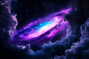 Wall Mural - majestic spiral galaxy with glowing purple and blue core surrounded by cosmic clouds in deep space