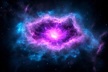 Wall Mural - glowing purple and blue nebula with bright center in starry outer space