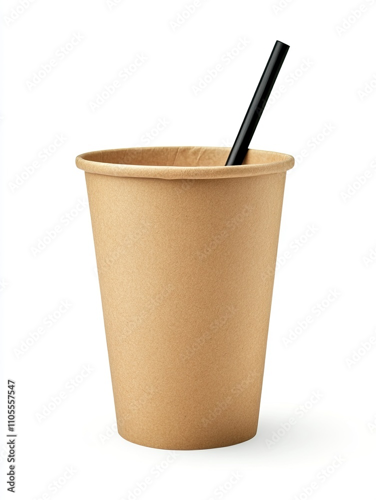 Empty brown paper cup, mug for cold drink with black straw. paper cup ...