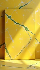 Poster - Yellow marble surface with green cracks creates bright, empty template. Sunlight casts shadows on smooth surface. Minimalist style product display. Suitable for variety of products. Indoor studio