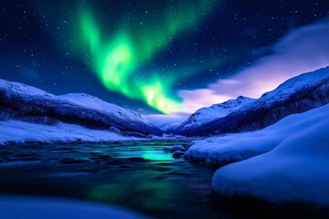 Wall Mural - northern lights over snow-covered mountains and river under a starry night sky