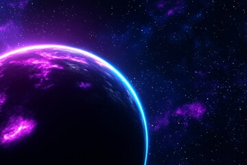 Wall Mural - Glowing Purple and Blue Planet with Cosmic Clouds and Starry Sky in Deep Space