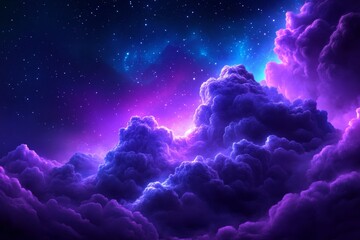 Wall Mural - Dramatic Purple and Blue Nebula Clouds Illuminated by Starry Night Sky in Outer Space