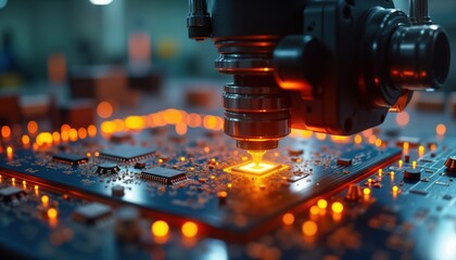 Poster - High-tech machine tool installs component on circuit board in factory. Orange light highlights modern tech processes. Precise placement of modern chip. Advanced manufacturing concept. Industrial