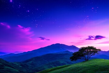Wall Mural - serene mountain landscape at twilight with purple and blue sky and lone tree