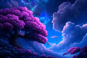 Wall Mural - Fantasy Landscape with Lush Purple Trees and Starry Night Sky with Cosmic Clouds