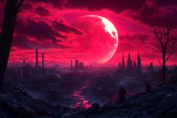Wall Mural - apocalyptic cityscape with red moon and dark smoky sky over industrial ruins
