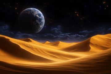 Wall Mural - golden desert dunes under a starry night sky with a full moon in the background