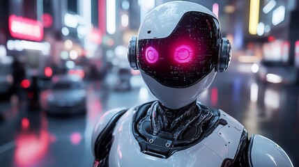 Poster - Futuristic robot in city at night.