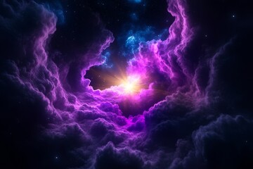 Wall Mural - Dramatic Purple and Blue Nebula with Bright Light and Dark Clouds in Deep Space