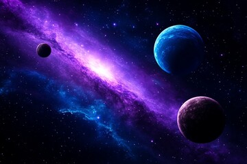 Wall Mural - Stunning Galactic Scene with Planets and Vibrant Purple and Blue Nebula in Outer Space