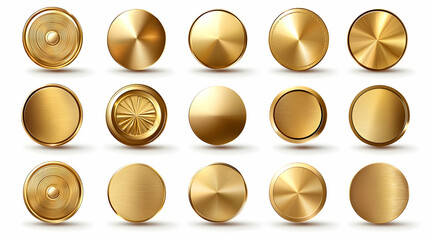 Set of golden round and oval labels, emblems or badge icons isolated on a white background with gold award medals in vector design. 