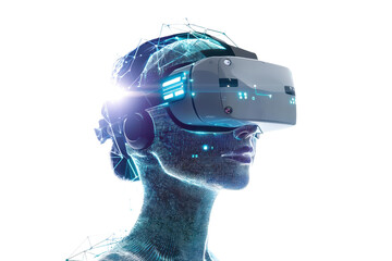 Poster - A futuristic virtual reality headset worn by a digital humanoid figure, surrounded by glowing data points and technology-inspired elements.