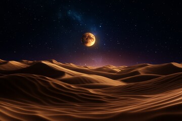 Wall Mural - golden desert dunes under a starry night sky with a full moon and rolling sand waves