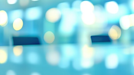 Abstract blurred teal background with bokeh lights and reflections.