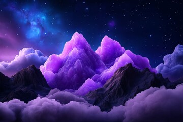 Wall Mural - fantasy purple mountain peaks emerging from clouds under a starry night sky