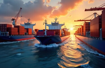 Cargo ships move through harbor waterway at sunset. Containers filled with goods on vessels. Ships glide through water. Commercial transport activity. Busy port scene. Industrial shipping.