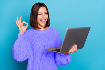 Wall Mural - Portrait of attractive cheerful skilled girl using laptop showing ok-sign winking isolated over bright blue color background