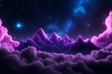 Wall Mural - majestic purple mountains surrounded by pink clouds under a starry night sky