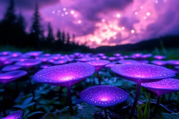 Wall Mural - enchanted forest with glowing purple mushrooms under a starry night sky