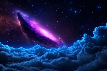 Wall Mural - vivid purple nebula and starry sky above a sea of blue clouds in outer space