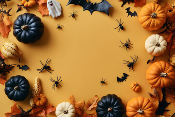 Wall Mural - Halloween holiday frame with party decorations of pumpkins, bats, ghosts, spiders on golden background top view. Happy halloween card in flat lay style.