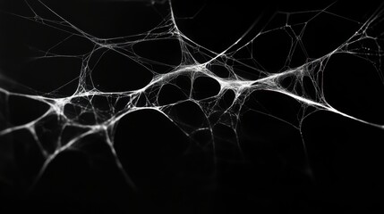 Detailed close-up of a spider web, with intricate threads creating a complex pattern against a dark background