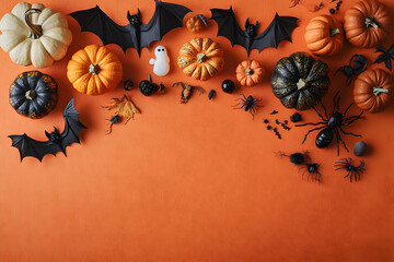 Wall Mural - Halloween holiday card with party decorations of pumpkins, bats, spiders, ghosts on orange background top view. Happy halloween greeting poster in flat lay style.