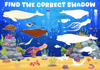 Poster - Kids game to find correct shadow of sea animals in underwater, vector quiz worksheet. Puzzle game to find and match same shadow of cartoon funny undersea fish, dolphin and squid with turtle in ocean