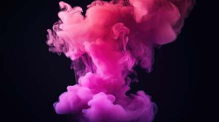 magenta, pink fluffy ink smoke cloud floats against black background. abstract art photo of fluid dy
