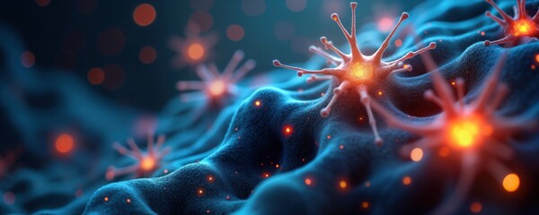 Poster - Complex biological elements, neural networks seen in scientific photo. Microscopic structures with glowing details show intricate interactions. Vibrant visual representation of biological processes,