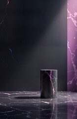 Aufkleber - Empty black marble pedestal with purple veins stands on glossy black marble floor. Modern abstract display platform with light reflection. Luxury interior design. Product presentation backdrop.