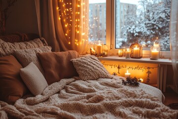 Poster - Cozy Winter Bedroom Scene with Candles and Lights