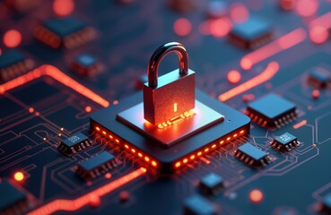 Poster - digital lock icon sits on tech circuit board. secure data protection symbolized by tech element. ele