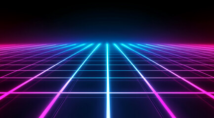 Poster - Colorful neon grid landscape with symmetrical lines in a futuristic style over a dark background