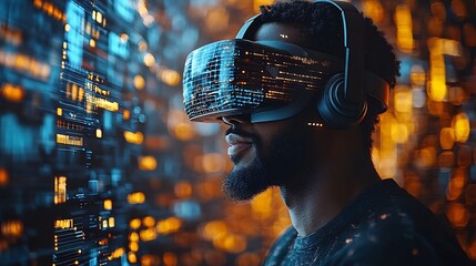 Poster - Businessman in Virtual Reality Interacting with 3D Data Models Representing Future Business Strategies