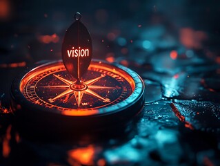 Poster - glowing compass needle pointing toward vision business strategy concept