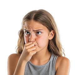 Wall Mural - Disgusted Teenage Girl. Pinching Nose From a Bad Smell. Isolated on a Transparent Background. Cutout PNG.