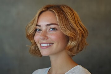 Wall Mural - Beautiful blonde woman smiling with perfect white teeth and freckles