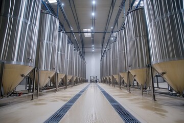 Poster - Rows of stainless steel tanks stand in modern food processing plant