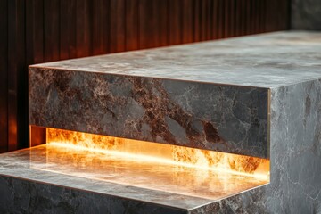 Poster - A sophisticated image of a modern marble surface featuring sleek design aesthetics with warm, minimalist lighting that accentuates the stone's luxurious texture.