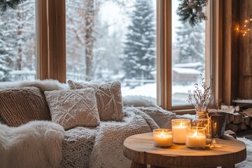 Poster - Cozy Winter Cabin Interior With Lit Candles