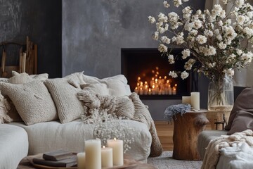 Canvas Print - Cozy Living Room Fireplace Decorated With Neutral Tones And Flowers