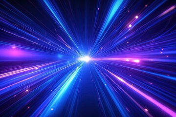 Poster - Abstract tech background shows bright blue, purple light speed lines. Dynamic lines radiate outward from center. Futuristic visual perfect for tech business presentations. Streamlined design.