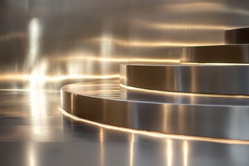 Poster - A sleek, elegant staircase with reflective metal surfaces, capturing ambient light and creating a luxurious and modern atmosphere through artistic architectural design.