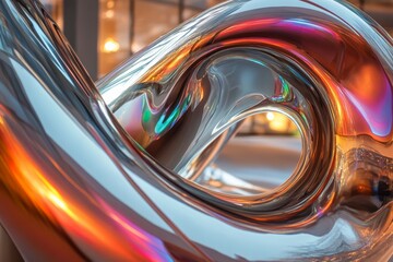 Poster - A vibrant, swirling metallic sculpture reflecting vivid colors, capturing an abstract form that intertwines light, color, and structure in a captivating visual composition.