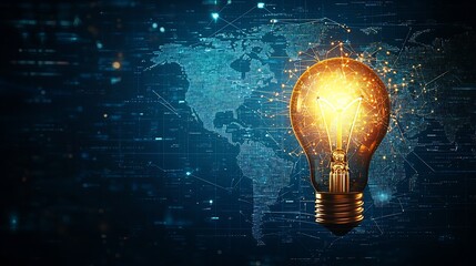 Poster - Glowing Light Bulb Hovering Over Digital World Map Symbolizing Global Business Vision and Innovation