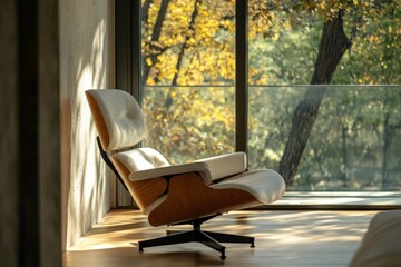 Aufkleber - An invitingly comfortable chair in a cozy room with warm sunlight streaming through the window, blending nature and design beautifully, ideal for relaxation.