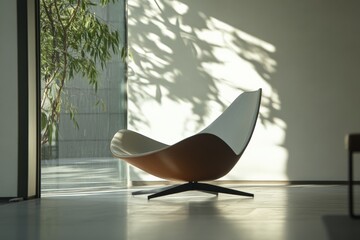 Poster - A stylish and modern chair is perfectly situated near a window, allowing natural light to illuminate the space and complement the delicate surrounding plants.